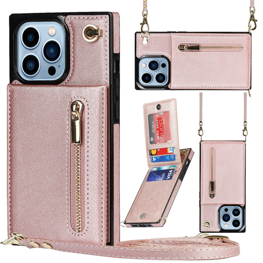 For iPhone 13 Pro Max Cross-body Zipper Square Phone Case with Holder (Rose Gold) - iPhone 13 Pro Max Cases by buy2fix | Online Shopping UK | buy2fix