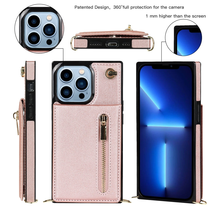 For iPhone 13 Pro Max Cross-body Zipper Square Phone Case with Holder (Rose Gold) - iPhone 13 Pro Max Cases by buy2fix | Online Shopping UK | buy2fix