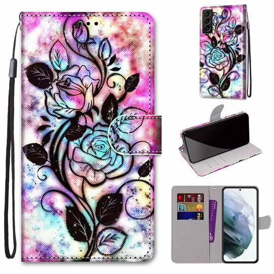 For Samsung Galaxy S22+ 5G Coloured Drawing Cross Texture Horizontal Flip Leather Phone Case with Holder & Card Slots & Wallet & Lanyard(Color Bottom Hollow Flower)