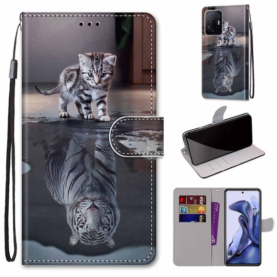 For Xiaomi 11T / 11T Pro Coloured Drawing Cross Texture Horizontal Flip Leather Phone Case with Holder & Card Slots & Wallet & Lanyard(Cat Becomes Tiger)