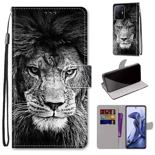 For Xiaomi Mi 11T / 11T Pro Coloured Drawing Cross Texture Horizontal Flip PU Phone Leather Case with Holder & Card Slots & Wallet & Lanyard(Colorful Layer(Black and White Lion Head)