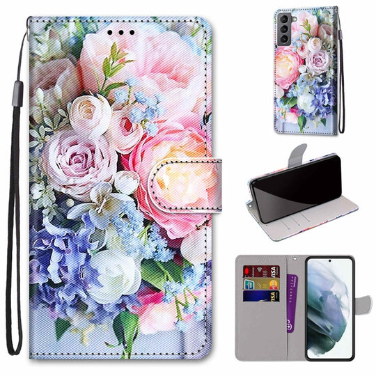 For Samsung Galaxy S22 5G Coloured Drawing Cross Texture Horizontal Flip PU Phone Leather Case with Holder & Card Slots & Wallet & Lanyard(Colorful Layer(Light Pink Bouquet)