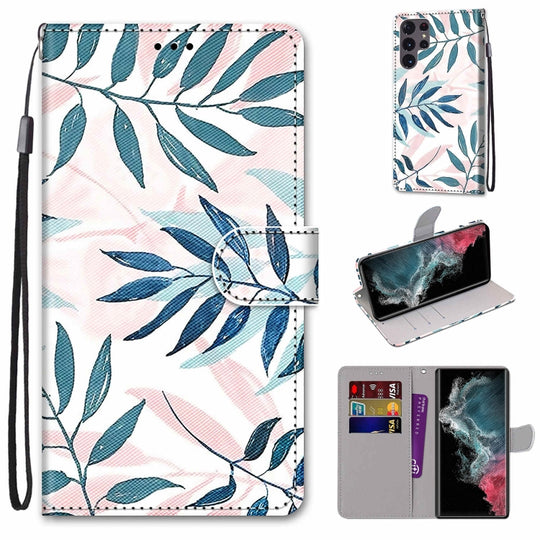 For Samsung Galaxy S22 Ultra 5G Coloured Drawing Cross Texture Horizontal Flip PU Phone Leather Case with Holder & Card Slots & Wallet & Lanyard(Colorful Layer(Pink Green Needles)