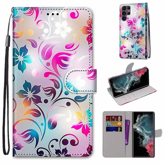 For Samsung Galaxy S22 Ultra 5G Coloured Drawing Cross Texture Horizontal Flip PU Phone Leather Case with Holder & Card Slots & Wallet & Lanyard(Colorful Layer(Gradient Colorful Flower)