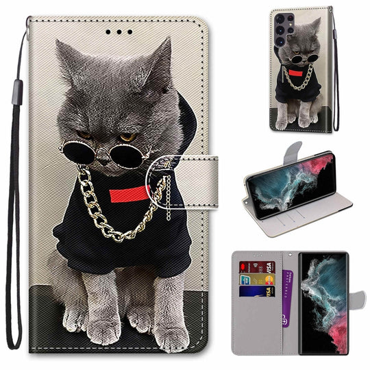 For Samsung Galaxy S22 Ultra 5G Coloured Drawing Cross Texture Horizontal Flip PU Phone Leather Case with Holder & Card Slots & Wallet & Lanyard(Colorful Layer(Golden Chain Grey Cat)