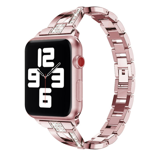 Diamond Encrusted Stainless Steel Strap Watch Band For Apple Watch Series 9&8&7 41mm / SE 3&SE 2&6&SE&5&4 40mm / 3&2&1 38mm(Rose Gold)