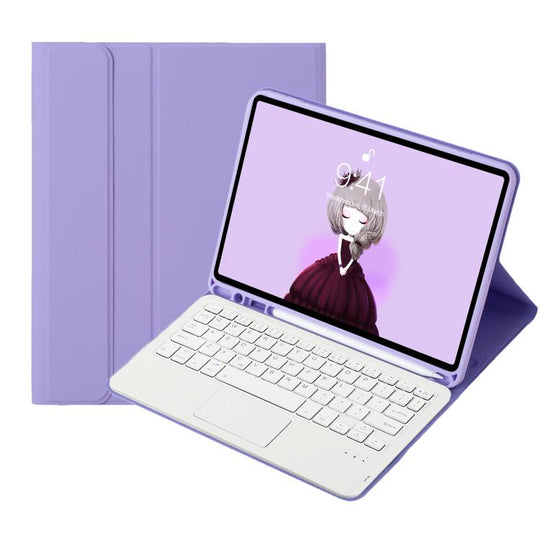 A102B-A Lambskin Texture Square Keycap Bluetooth Keyboard Leather Case with Touch Control For iPad Pro 10.5 inch / 10.2 2021 & 2020 & 2019 / Air 3(Lilac)