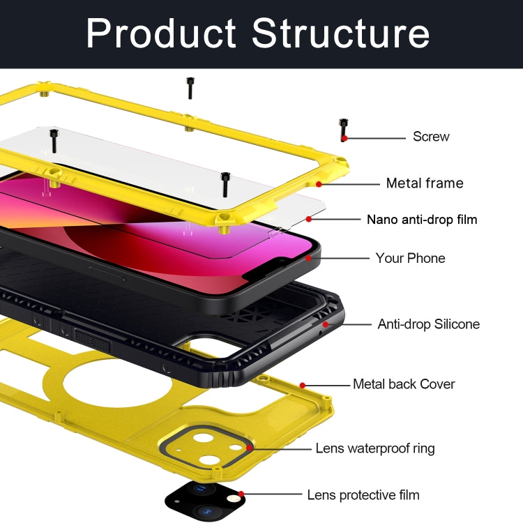 For iPhone 13 Shockproof Waterproof Dustproof Metal + Silicone Phone Case with Screen Protector(Yellow) - iPhone 13 Cases by buy2fix | Online Shopping UK | buy2fix