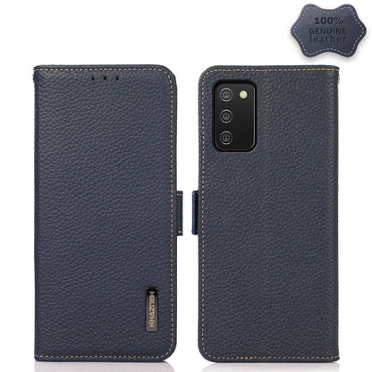 For Samsung Galaxy A02s EU Version KHAZNEH Side-Magnetic Litchi Genuine Leather RFID Phone Case(Blue) - Galaxy Phone Cases by buy2fix | Online Shopping UK | buy2fix