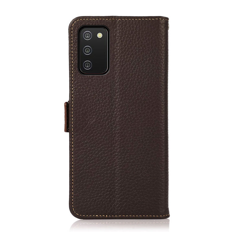 For Samsung Galaxy A02s Global Version KHAZNEH Side-Magnetic Litchi Genuine Leather RFID Phone Case(Brown) - Galaxy Phone Cases by buy2fix | Online Shopping UK | buy2fix