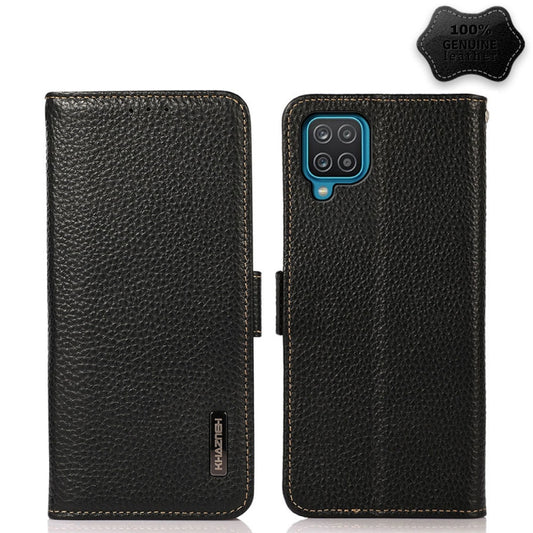 For Samsung Galaxy A22 4G KHAZNEH Side-Magnetic Litchi Genuine Leather RFID Phone Case(Black) - Galaxy Phone Cases by buy2fix | Online Shopping UK | buy2fix