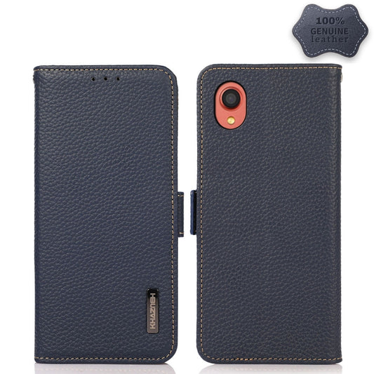 For Samsung Galaxy A22 5G JP Version KHAZNEH Side-Magnetic Litchi Genuine Leather RFID Phone Case(Blue) - Galaxy Phone Cases by buy2fix | Online Shopping UK | buy2fix