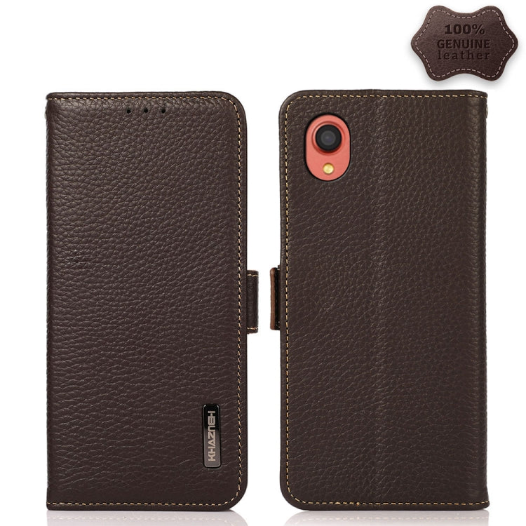 For Samsung Galaxy A22 5G JP Version KHAZNEH Side-Magnetic Litchi Genuine Leather RFID Phone Case(Brown) - Galaxy Phone Cases by buy2fix | Online Shopping UK | buy2fix