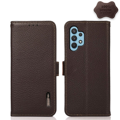 For Samsung Galaxy A32 4G KHAZNEH Side-Magnetic Litchi Genuine Leather RFID Phone Case(Brown) - Galaxy Phone Cases by buy2fix | Online Shopping UK | buy2fix