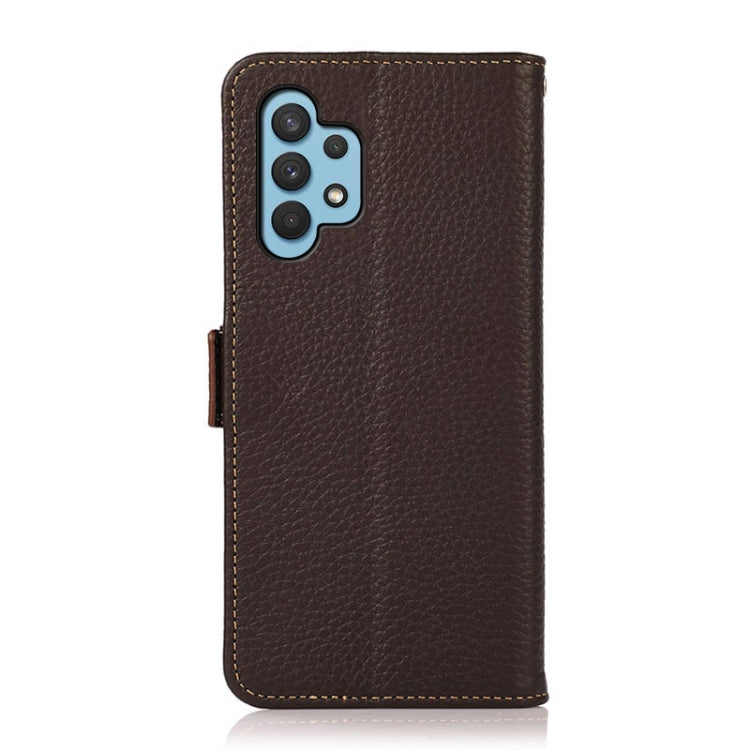 For Samsung Galaxy A32 4G KHAZNEH Side-Magnetic Litchi Genuine Leather RFID Phone Case(Brown) - Galaxy Phone Cases by buy2fix | Online Shopping UK | buy2fix