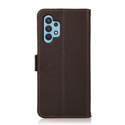 For Samsung Galaxy A32 4G KHAZNEH Side-Magnetic Litchi Genuine Leather RFID Phone Case(Brown) - Galaxy Phone Cases by buy2fix | Online Shopping UK | buy2fix