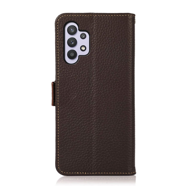 For Samsung Galaxy A32 5G KHAZNEH Side-Magnetic Litchi Genuine Leather RFID Phone Case(Brown) - Galaxy Phone Cases by buy2fix | Online Shopping UK | buy2fix
