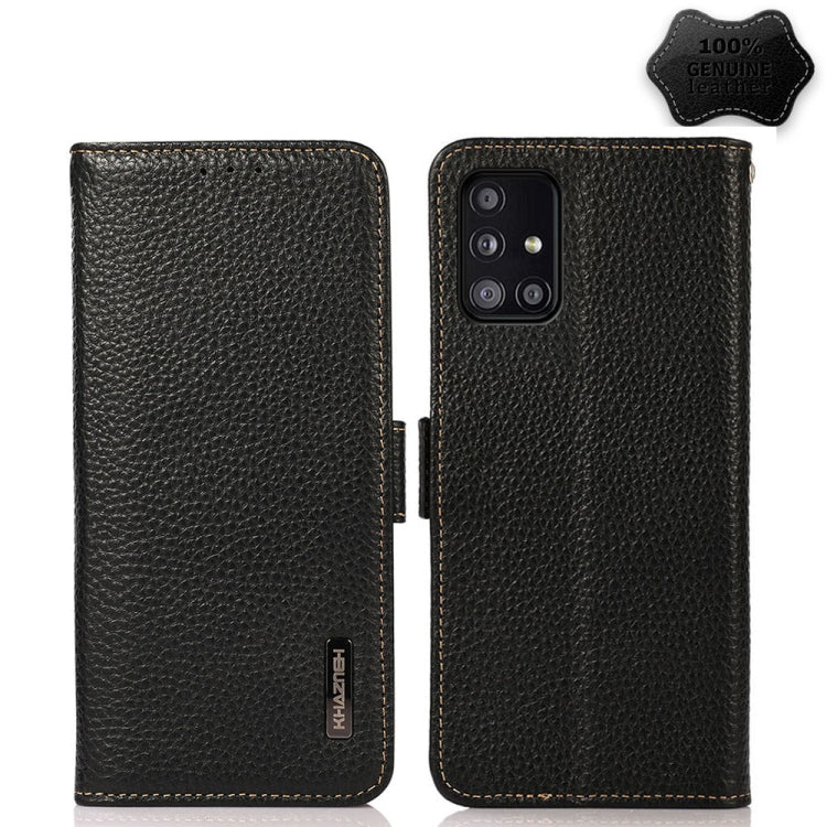For Samsung Galaxy A51 5G KHAZNEH Side-Magnetic Litchi Genuine Leather RFID Phone Case(Black) - Galaxy Phone Cases by buy2fix | Online Shopping UK | buy2fix