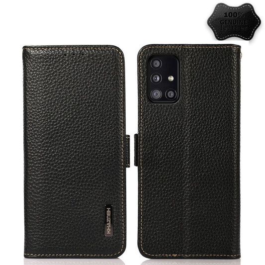 For Samsung Galaxy A51 5G KHAZNEH Side-Magnetic Litchi Genuine Leather RFID Phone Case(Black) - Galaxy Phone Cases by buy2fix | Online Shopping UK | buy2fix