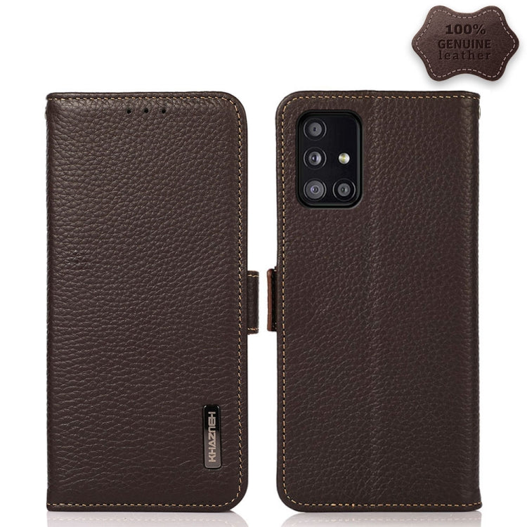 For Samsung Galaxy A51 5G KHAZNEH Side-Magnetic Litchi Genuine Leather RFID Phone Case(Brown) - Galaxy Phone Cases by buy2fix | Online Shopping UK | buy2fix
