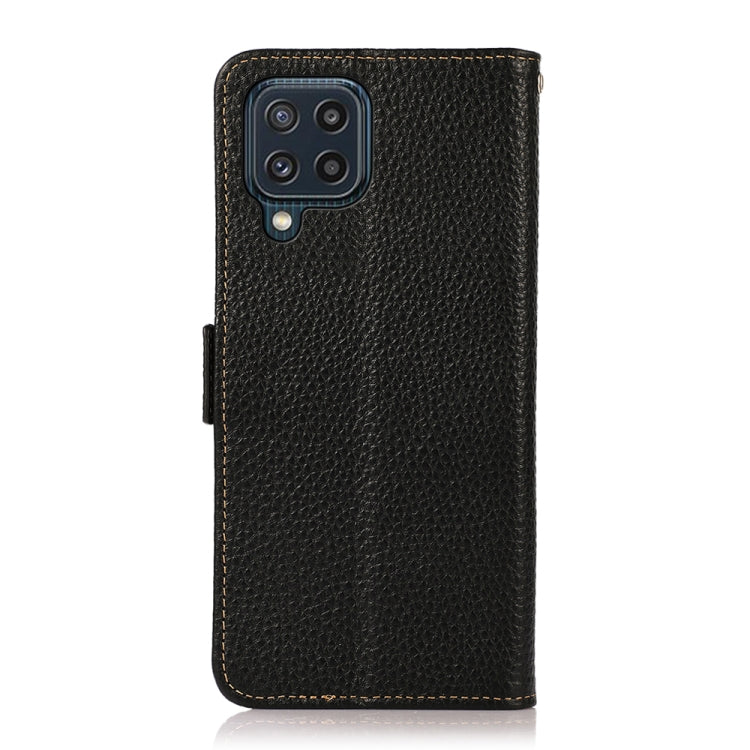 For Samsung Galaxy M32 KHAZNEH Side-Magnetic Litchi Genuine Leather RFID Phone Case(Black) - Galaxy Phone Cases by buy2fix | Online Shopping UK | buy2fix