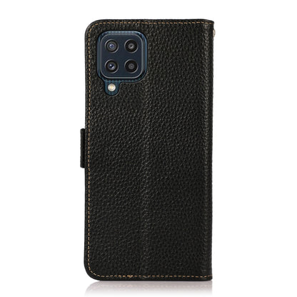For Samsung Galaxy M32 KHAZNEH Side-Magnetic Litchi Genuine Leather RFID Phone Case(Black) - Galaxy Phone Cases by buy2fix | Online Shopping UK | buy2fix