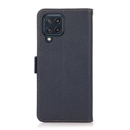 For Samsung Galaxy M32 KHAZNEH Side-Magnetic Litchi Genuine Leather RFID Phone Case(Blue) - Galaxy Phone Cases by buy2fix | Online Shopping UK | buy2fix