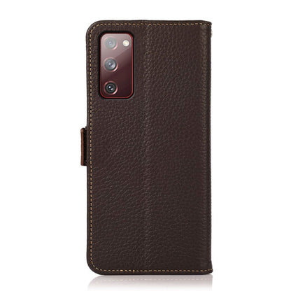 For Samsung Galaxy S20 FE KHAZNEH Side-Magnetic Litchi Genuine Leather RFID Phone Case(Brown) - Galaxy S20 FE Cases by buy2fix | Online Shopping UK | buy2fix