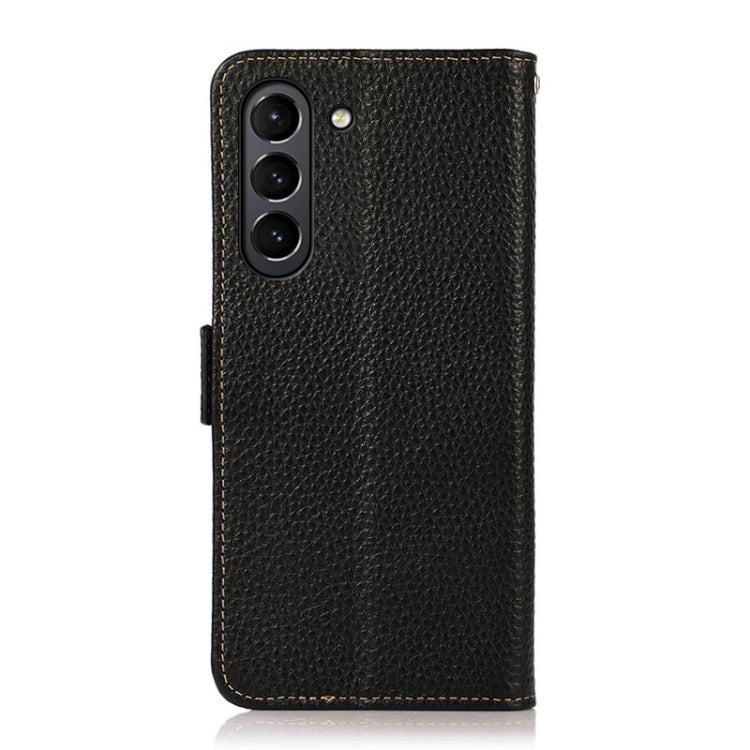 For Samsung Galaxy S21 FE 5G KHAZNEH Side-Magnetic Litchi Genuine Leather RFID Phone Case(Black) - Galaxy Phone Cases by buy2fix | Online Shopping UK | buy2fix