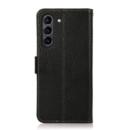 For Samsung Galaxy S21 FE 5G KHAZNEH Side-Magnetic Litchi Genuine Leather RFID Phone Case(Black) - Galaxy Phone Cases by buy2fix | Online Shopping UK | buy2fix