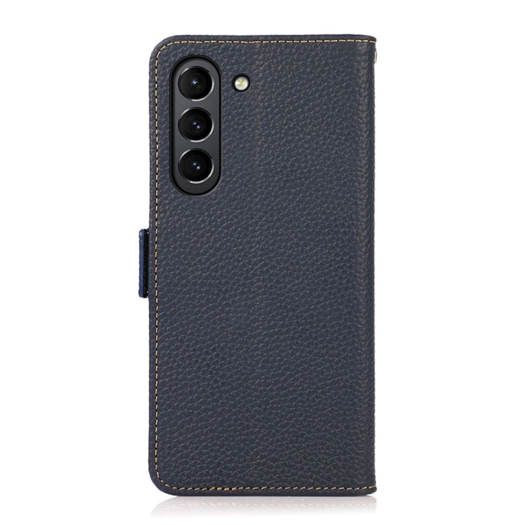 For Samsung Galaxy S21 FE 5G KHAZNEH Side-Magnetic Litchi Genuine Leather RFID Phone Case(Blue) - Galaxy Phone Cases by buy2fix | Online Shopping UK | buy2fix