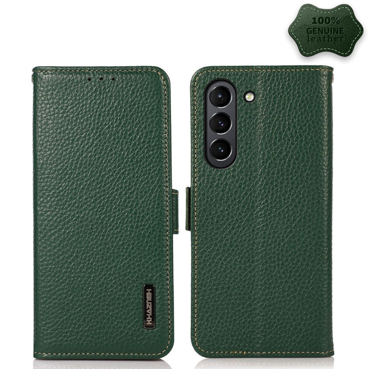 For Samsung Galaxy S21 FE 5G KHAZNEH Side-Magnetic Litchi Genuine Leather RFID Phone Case(Green) - Galaxy Phone Cases by buy2fix | Online Shopping UK | buy2fix