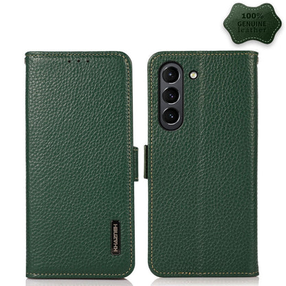For Samsung Galaxy S21 FE 5G KHAZNEH Side-Magnetic Litchi Genuine Leather RFID Phone Case(Green) - Galaxy Phone Cases by buy2fix | Online Shopping UK | buy2fix