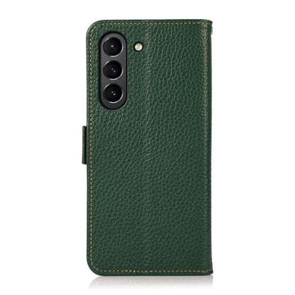 For Samsung Galaxy S21 FE 5G KHAZNEH Side-Magnetic Litchi Genuine Leather RFID Phone Case(Green) - Galaxy Phone Cases by buy2fix | Online Shopping UK | buy2fix
