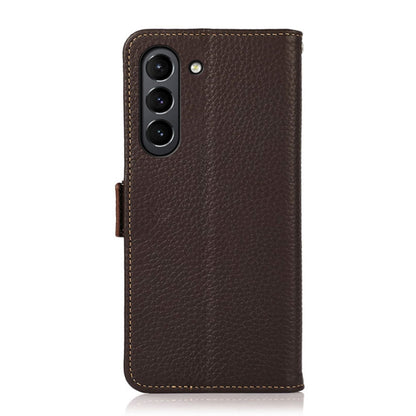 For Samsung Galaxy S21 FE 5G KHAZNEH Side-Magnetic Litchi Genuine Leather RFID Phone Case(Brown) - Galaxy Phone Cases by buy2fix | Online Shopping UK | buy2fix