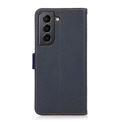 For Samsung Galaxy S21+ 5G KHAZNEH Side-Magnetic Litchi Genuine Leather RFID Phone Case(Blue) - Galaxy S21+ 5G Cases by buy2fix | Online Shopping UK | buy2fix