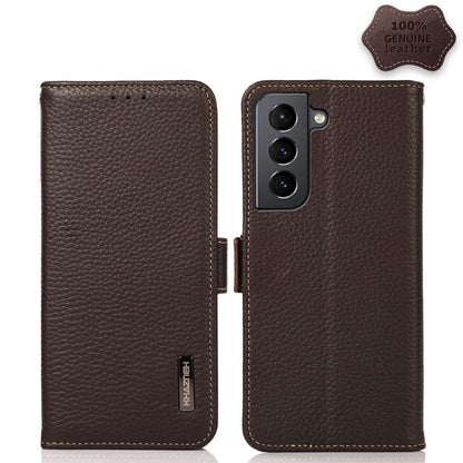 For Samsung Galaxy S21+ 5G KHAZNEH Side-Magnetic Litchi Genuine Leather RFID Phone Case(Brown) - Galaxy S21+ 5G Cases by buy2fix | Online Shopping UK | buy2fix