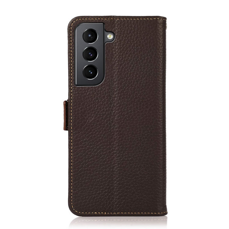 For Samsung Galaxy S21 5G KHAZNEH Side-Magnetic Litchi Genuine Leather RFID Phone Case(Brown) - Galaxy S21 5G Cases by buy2fix | Online Shopping UK | buy2fix