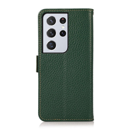 For Samsung Galaxy S21 Ultra 5G KHAZNEH Side-Magnetic Litchi Genuine Leather RFID Phone Case(Green) - Galaxy S21 Ultra 5G Cases by buy2fix | Online Shopping UK | buy2fix