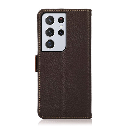 For Samsung Galaxy S21 Ultra 5G KHAZNEH Side-Magnetic Litchi Genuine Leather RFID Phone Case(Brown) - Galaxy S21 Ultra 5G Cases by buy2fix | Online Shopping UK | buy2fix