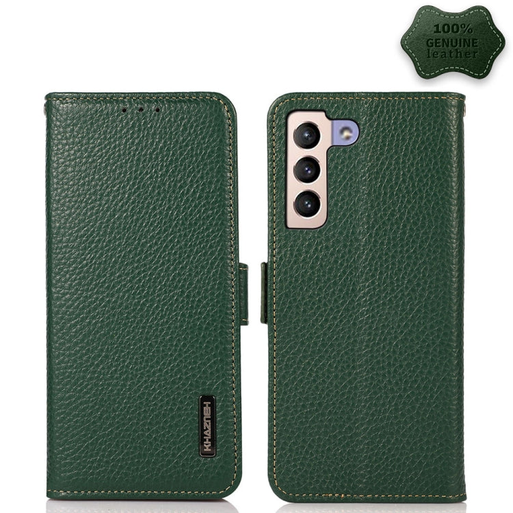 For Samsung Galaxy S22+ 5G KHAZNEH Side-Magnetic Litchi Genuine Leather RFID Phone Case(Green) - Galaxy S22+ 5G Cases by buy2fix | Online Shopping UK | buy2fix