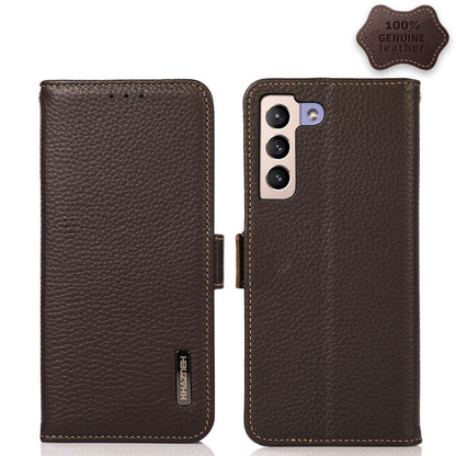 For Samsung Galaxy S22+ 5G KHAZNEH Side-Magnetic Litchi Genuine Leather RFID Phone Case(Brown) - Galaxy S22+ 5G Cases by buy2fix | Online Shopping UK | buy2fix