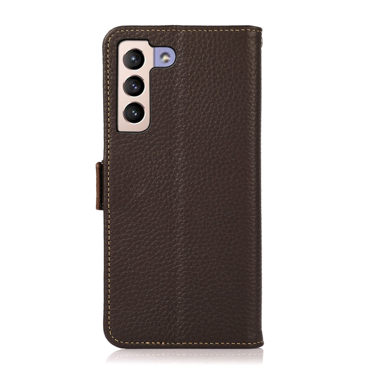 For Samsung Galaxy S22+ 5G KHAZNEH Side-Magnetic Litchi Genuine Leather RFID Phone Case(Brown) - Galaxy S22+ 5G Cases by buy2fix | Online Shopping UK | buy2fix