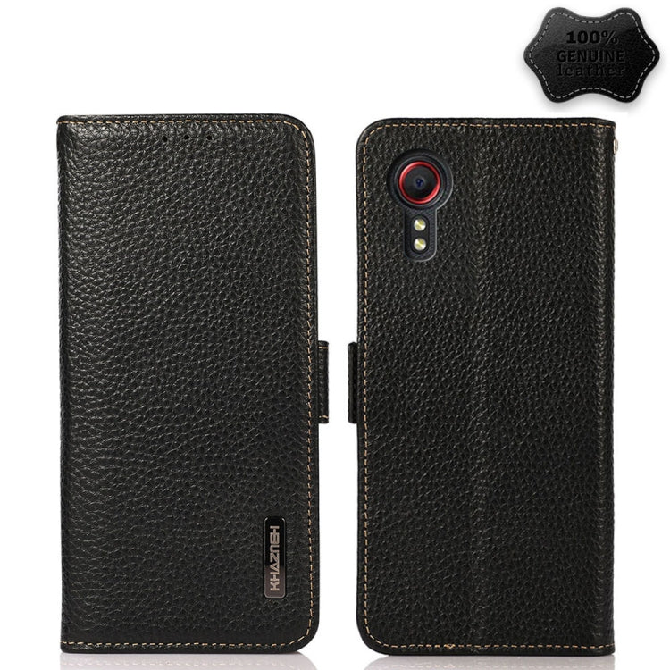 For Samsung Galaxy Xcover 5 KHAZNEH Side-Magnetic Litchi Genuine Leather RFID Phone Case(Black) - Galaxy Phone Cases by buy2fix | Online Shopping UK | buy2fix