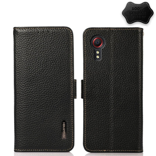 For Samsung Galaxy Xcover 5 KHAZNEH Side-Magnetic Litchi Genuine Leather RFID Phone Case(Black) - Galaxy Phone Cases by buy2fix | Online Shopping UK | buy2fix