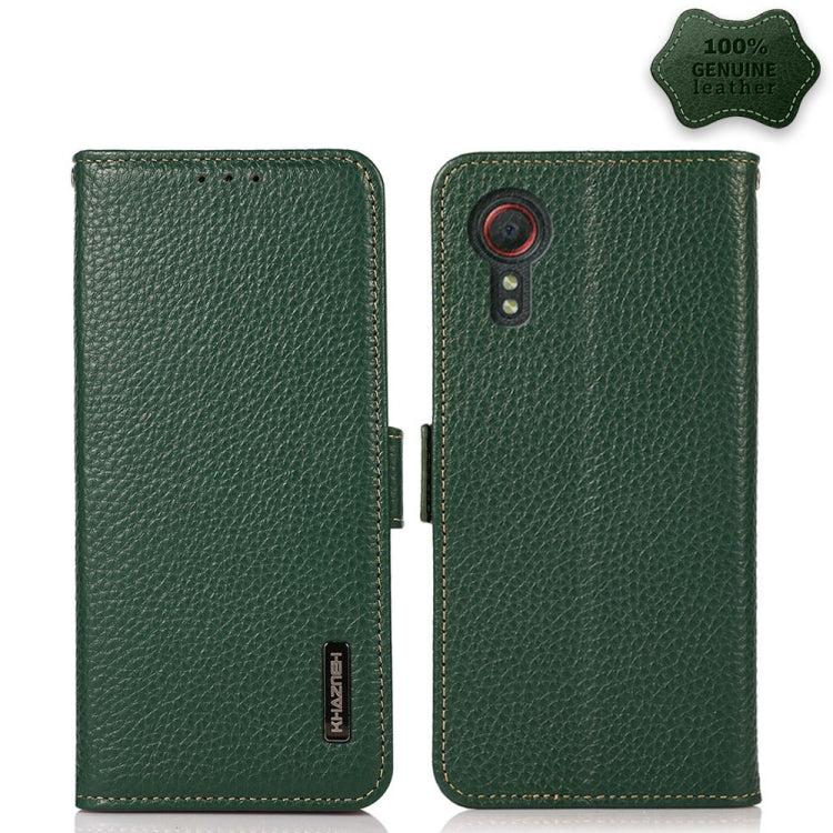 For Samsung Galaxy Xcover 5 KHAZNEH Side-Magnetic Litchi Genuine Leather RFID Phone Case(Green) - Galaxy Phone Cases by buy2fix | Online Shopping UK | buy2fix