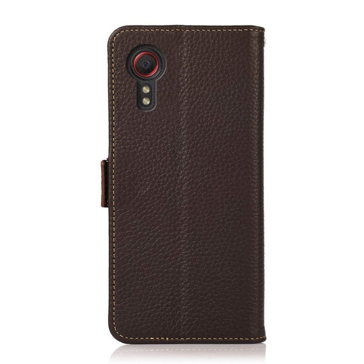 For Samsung Galaxy Xcover 5 KHAZNEH Side-Magnetic Litchi Genuine Leather RFID Phone Case(Brown) - Galaxy Phone Cases by buy2fix | Online Shopping UK | buy2fix