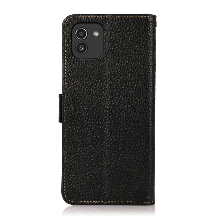 For Samsung Galaxy A03 164mm Version KHAZNEH Side-Magnetic Litchi Genuine Leather RFID Phone Case(Black) - Galaxy Phone Cases by buy2fix | Online Shopping UK | buy2fix