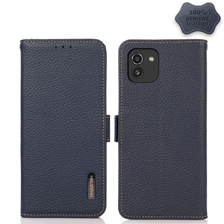 For Samsung Galaxy A03 164mm Version KHAZNEH Side-Magnetic Litchi Genuine Leather RFID Phone Case(Blue) - Galaxy Phone Cases by buy2fix | Online Shopping UK | buy2fix