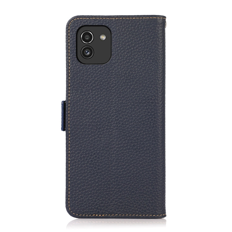 For Samsung Galaxy A03 164mm Version KHAZNEH Side-Magnetic Litchi Genuine Leather RFID Phone Case(Blue) - Galaxy Phone Cases by buy2fix | Online Shopping UK | buy2fix